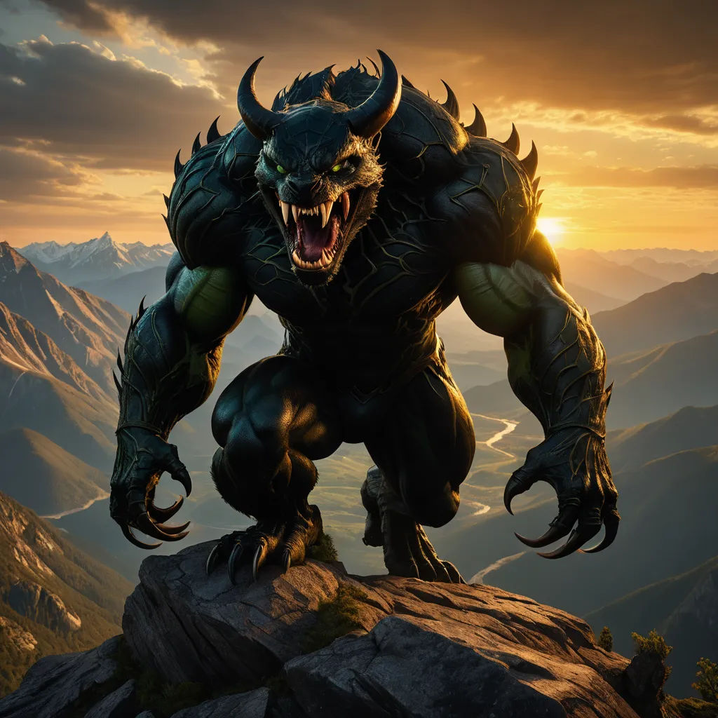 a monster like creature with sharp fangs on a mountain top at sunset with mountains in the background and a sun setting, sots art, concept art, Eddie Mendoza, unreal 5
