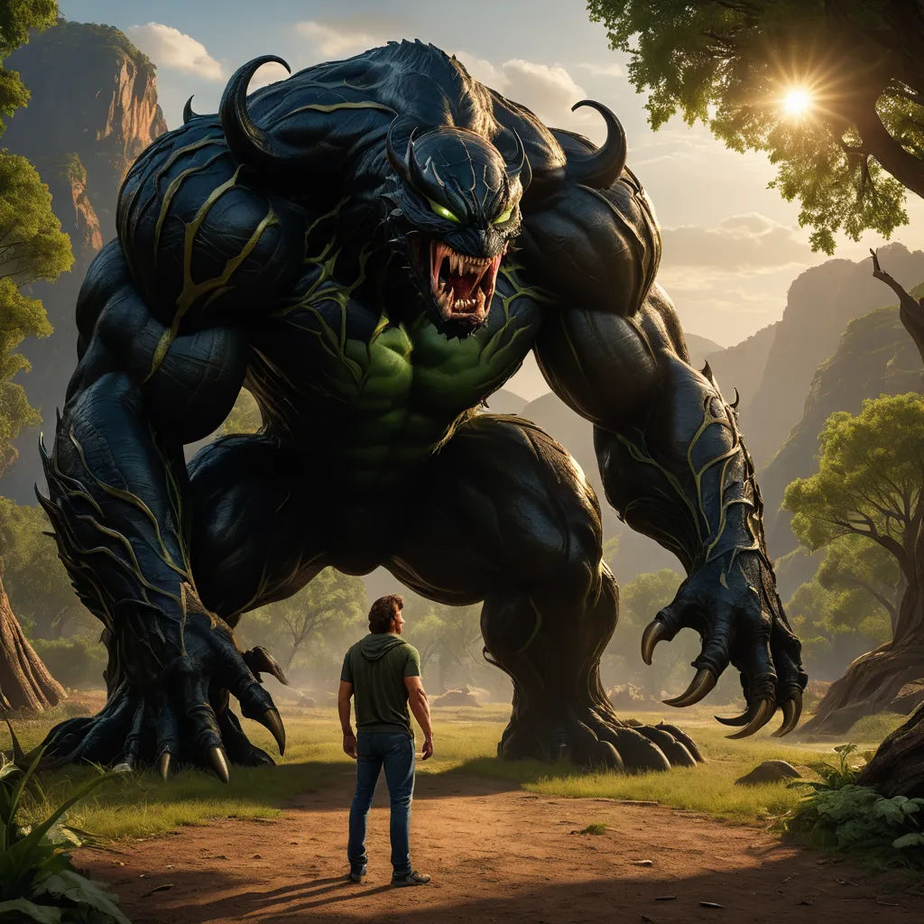 a man standing in front of a giant monster in a forest with a man standing next to it looking at it, fantasy art, concept art, Eddie Mendoza, unreal 5