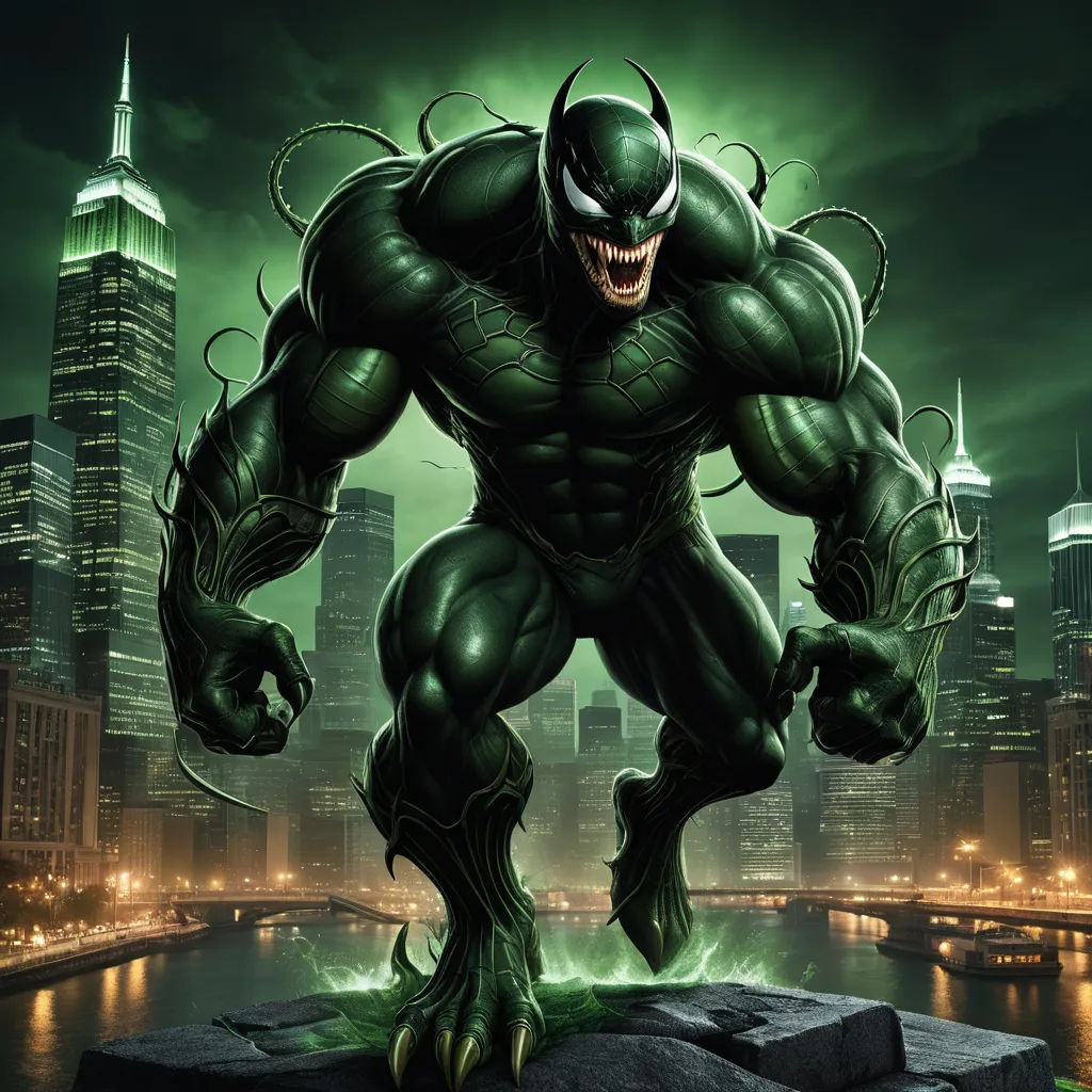 a picture of a green monster with fangs on his face and claws on his face, with a city in the background, sumatraism, concept art, Eddie Mendoza, marvel comics