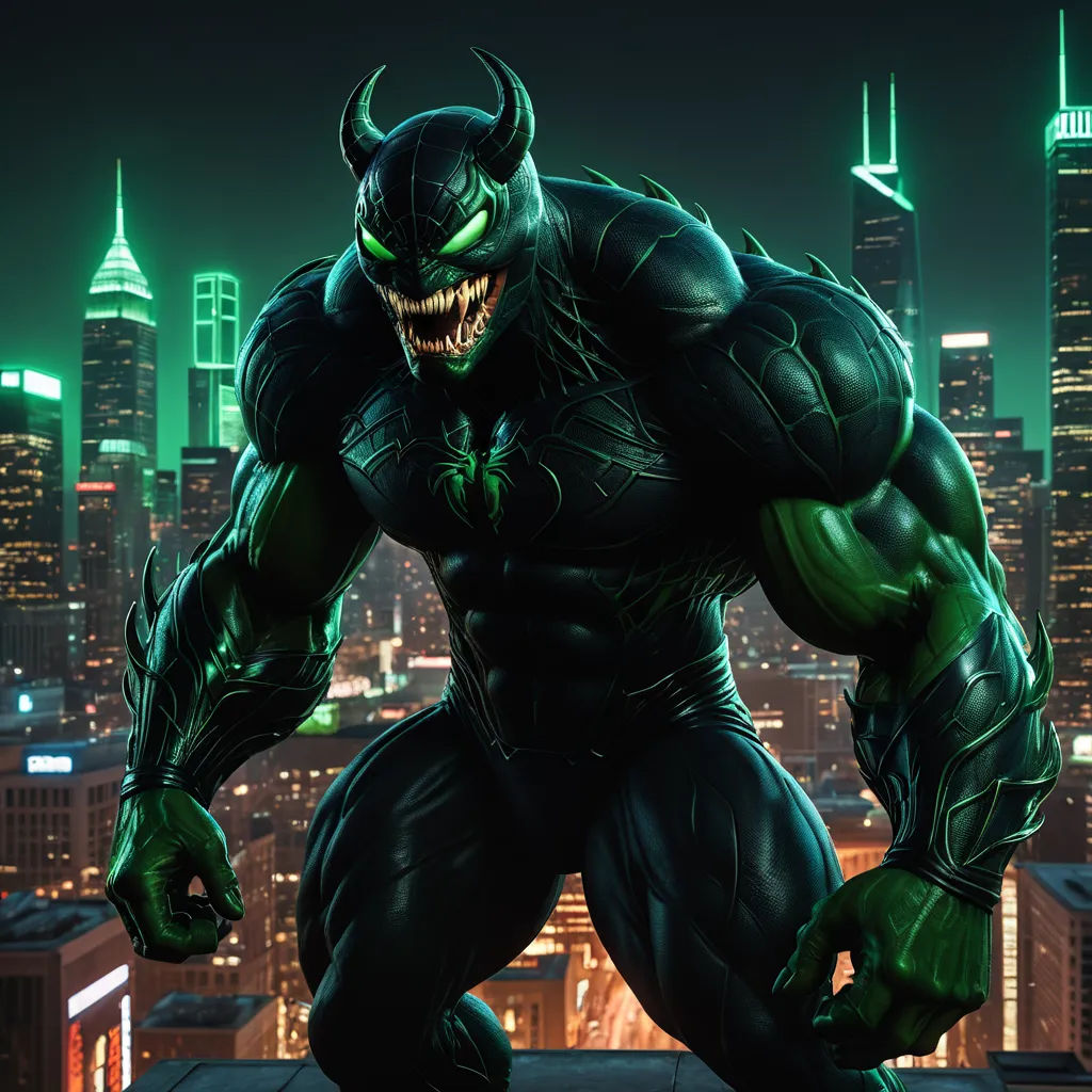 a green monster with fangs on his face standing in front of a city skyline at night with skyscrapers, sots art, concept art, Eddie Mendoza, unreal engine highly rendered