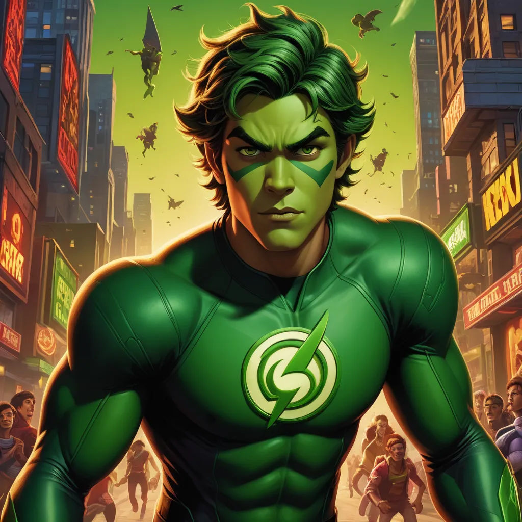 a man in a green suit with a green lantern on his face and a crowd of people behind him, altermodern, a comic book panel, Artgerm, stanley artgerm lau