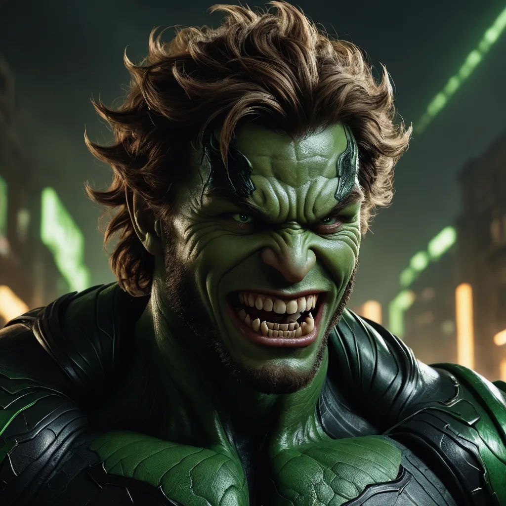 a man with a green face and a green suit on, with a city in the background and a green light, photorealism, a 3D render, Eddie Mendoza, unreal engine 5 quality render