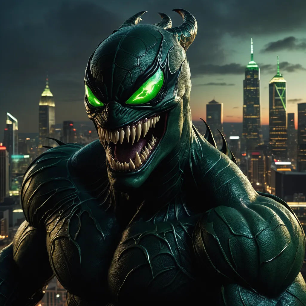 a green monster with glowing eyes and fangs in a city at night with skyscrapers in the background and a dark sky, sots art, concept art, Eddie Mendoza, sinister