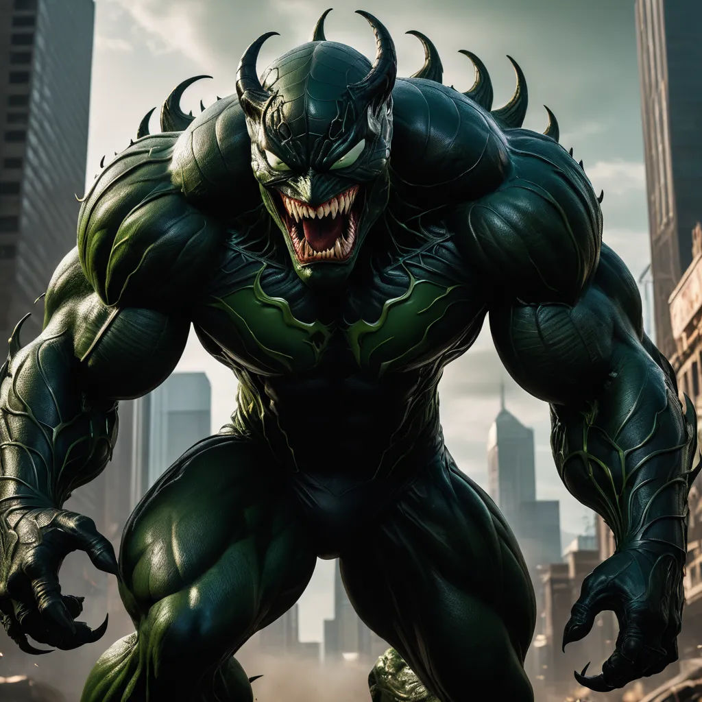 a green monster with large fangs in a city setting with skyscrapers in the background and a dark sky, photorealism, concept art, Eddie Mendoza, unreal engine highly rendered