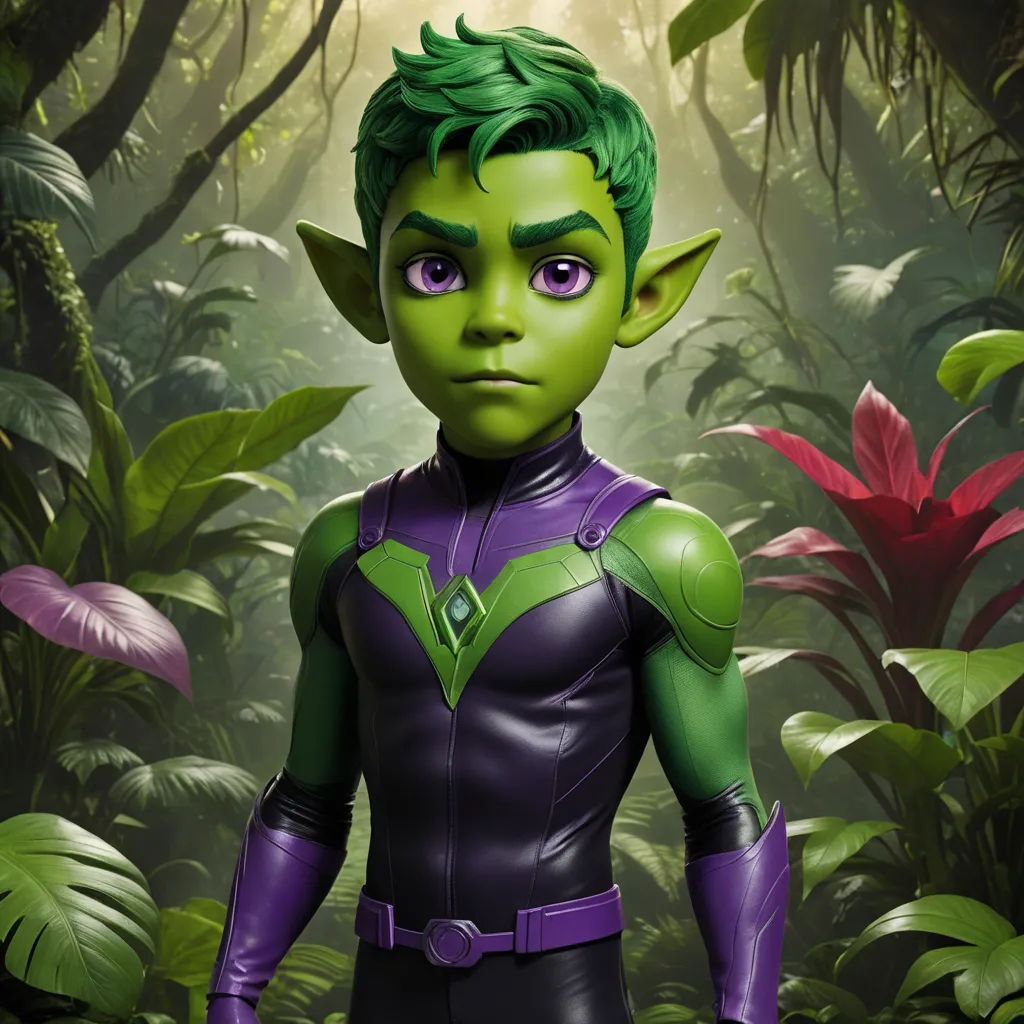 a cartoon character in a green and purple outfit in a jungle setting with plants and flowers around him, with a green - haired, green - haired, green - haired, green - haired,, antipodeans, concept art, Fletcher Martin, promotional image