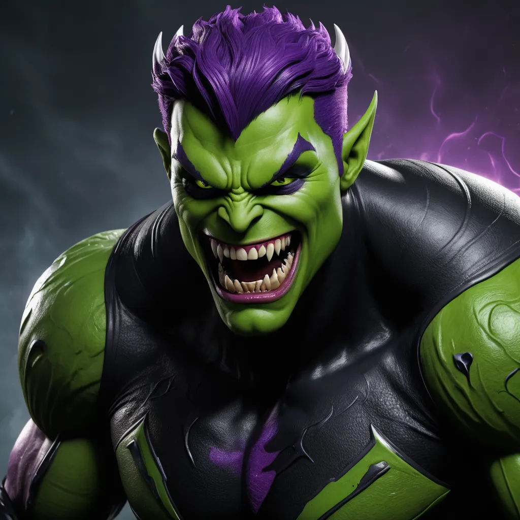 a close up of a person wearing a costume with a green and purple hair and a griny grin, shock art, a 3D render, Eddie Mendoza, unreal engine 5 quality render