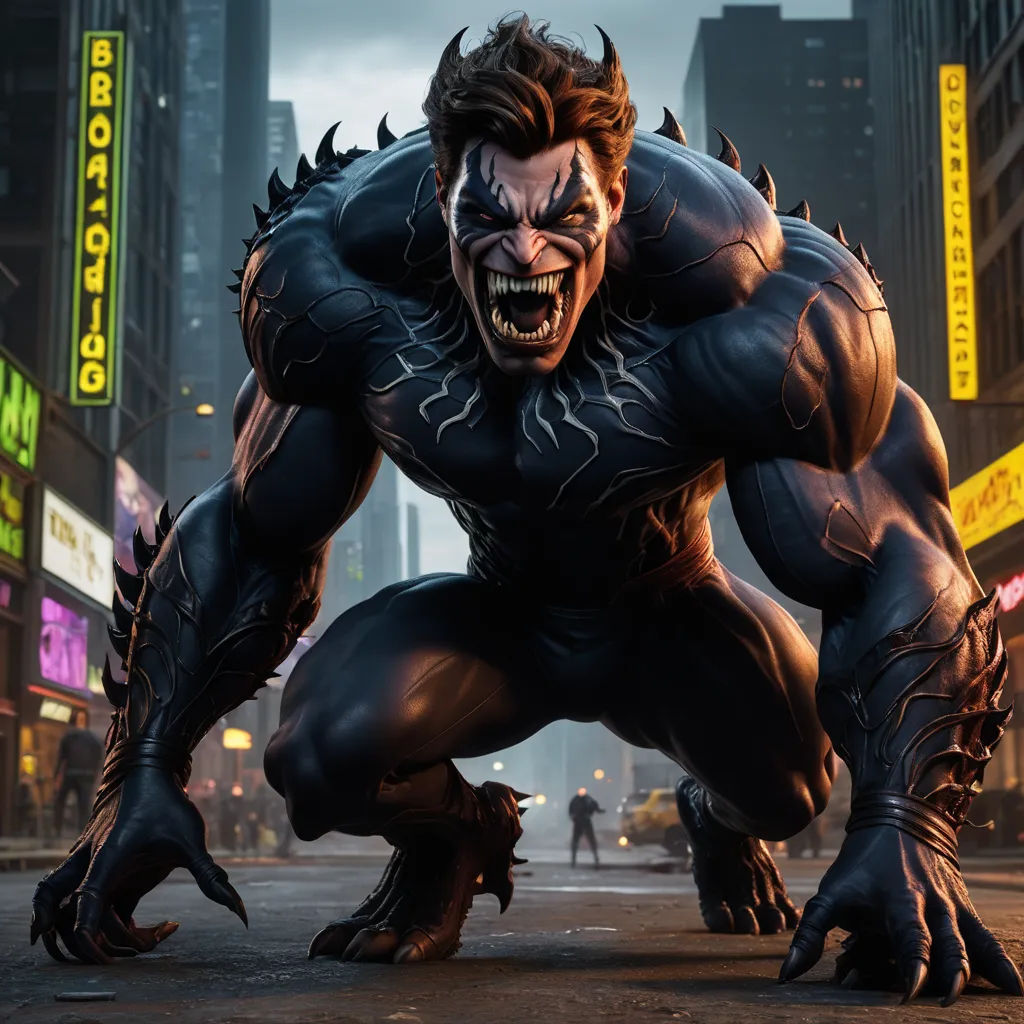 a man in a black suit with a demon face and claws on his face, in a city street, photorealism, concept art, Eddie Mendoza, unreal engine 5 highly rendered