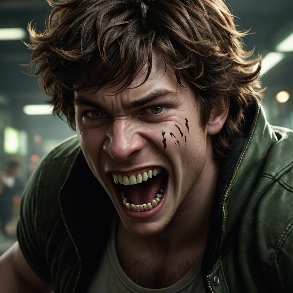 a man with a fake face and a green jacket on his head and a fake smile on his face, photorealism, a character portrait, Cedric Seaut (Keos Masons), ultra realistic faces