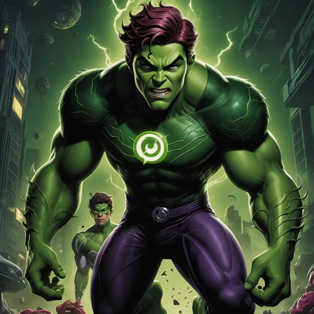 a green lantern and a green lantern in a city with a green light on it's face and a green lantern in the middle of the image, antipodeans, a comic book panel, Eddie Mendoza, green