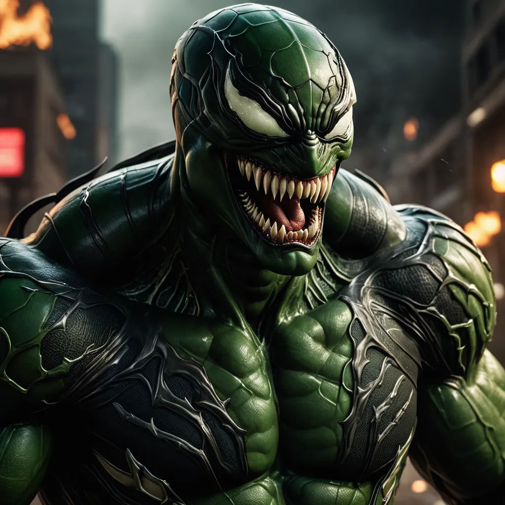 a close up of a person in a costume with a large grin on his face and mouth, with a city in the background, photorealism, computer graphics, Eddie Mendoza, unreal engine 5 quality render