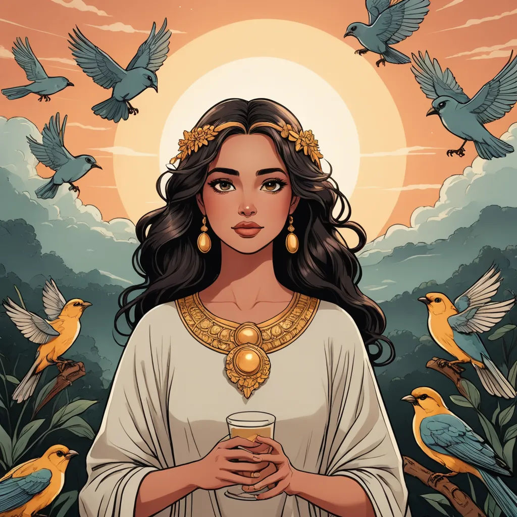 a woman with a cup of coffee in her hands and birds flying around her, with a sunset in the background, art nouveau, a character portrait, Caroline Chariot-Dayez, trending on art station