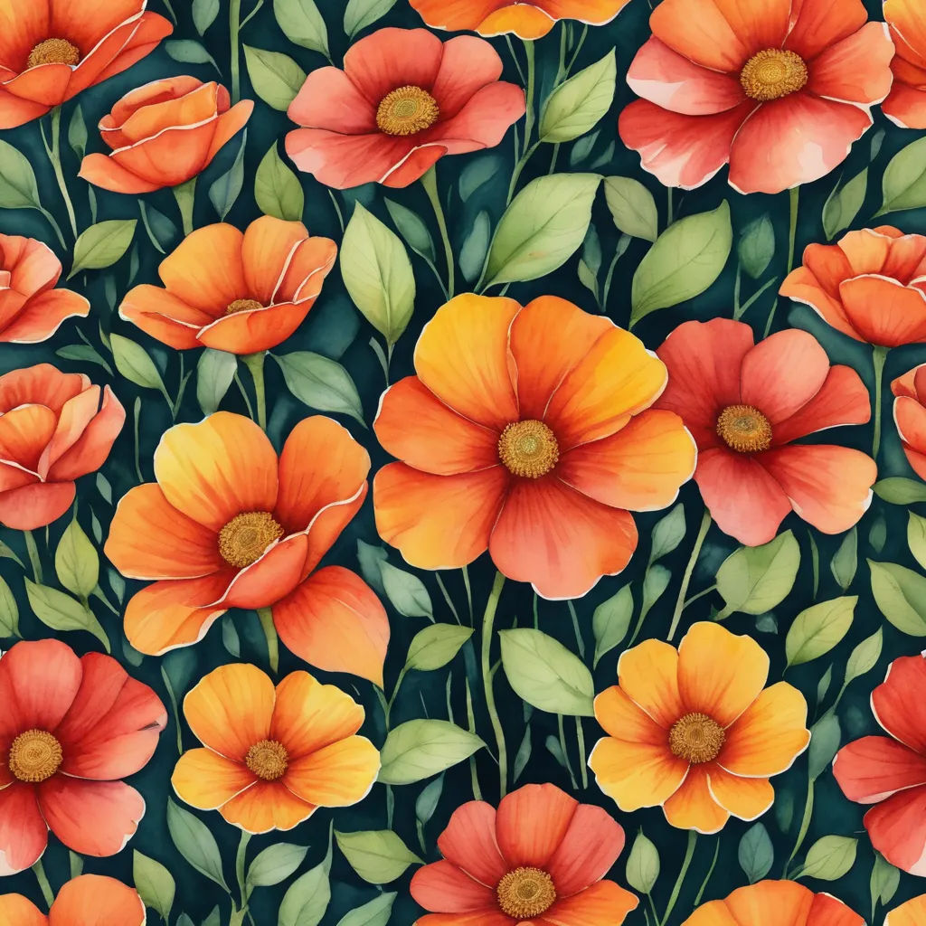 a painting of orange and yellow flowers with green leaves on a green background with a red center and green leaves on the bottom, arts and crafts movement, an ultrafine detailed painting, Annabel Kidston, highly detailed digital painting