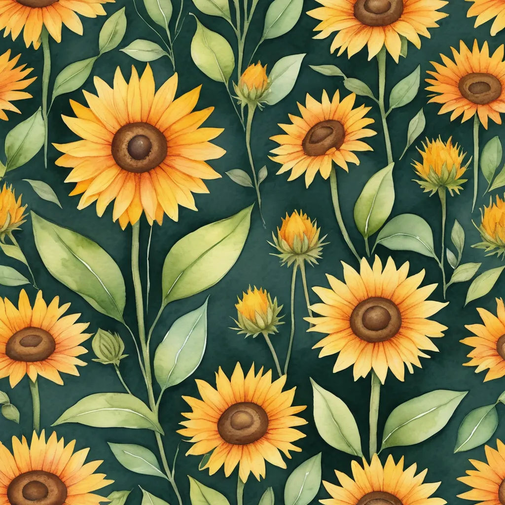 a painting of a bunch of sunflowers with leaves on them and a green background with a brown center, folk art, a detailed painting, Annabel Kidston, in gouache detailed paintings