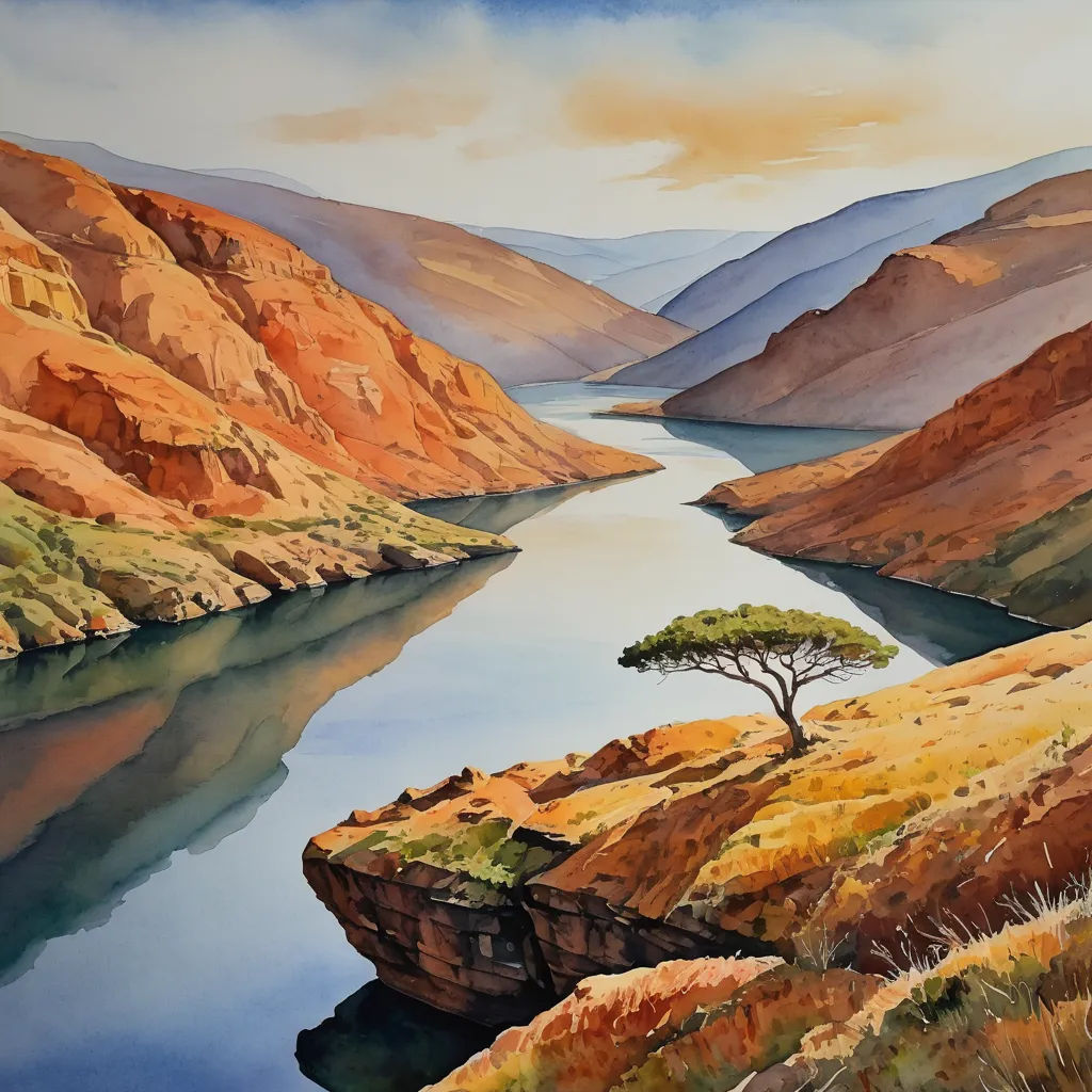 a painting of a tree on a cliff overlooking a river and mountains with a cloudy sky above it and a lone tree on the cliff, figurative art, a watercolor painting, Andrew Geddes, in gouache detailed paintings