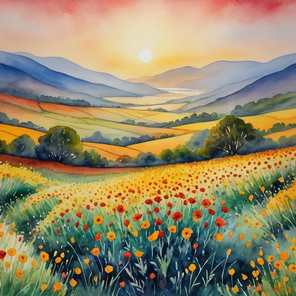 a painting of a field of flowers with a sunset in the background and hills in the distance with trees, color field, a watercolor painting, Carol Sutton, beautiful landscape