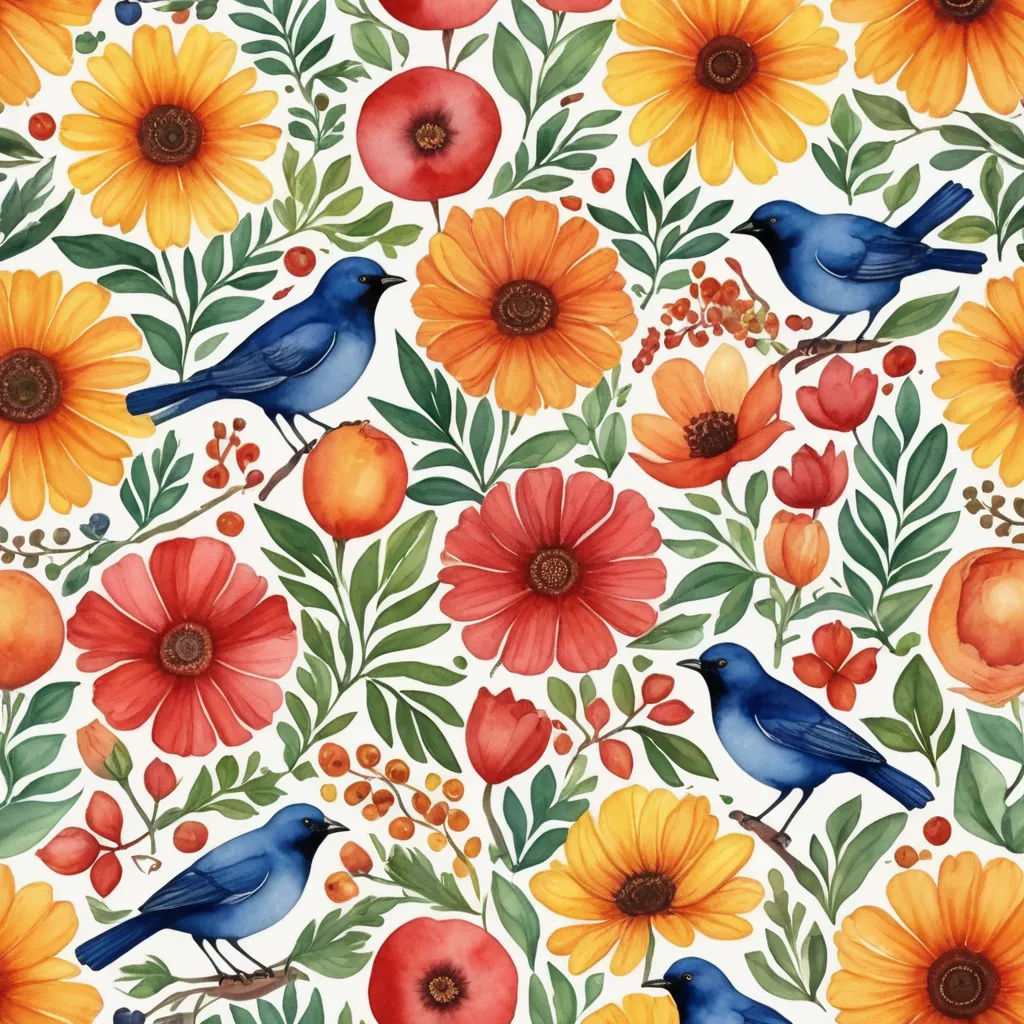 a blue bird sitting on top of a flower covered ground next to a white background with orange and yellow flowers, folk art, a detailed painting, Annabel Kidston, in gouache detailed paintings