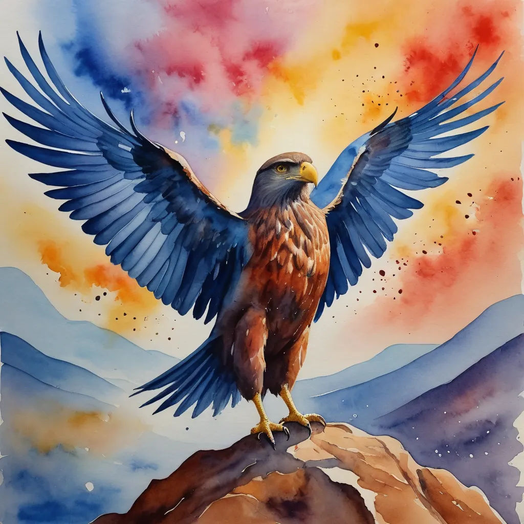 a painting of a bird with wings spread out on a rock with a colorful sky in the background and a mountain range in the foreground, american scene painting, a watercolor painting, Alison Kinnaird, watercolor