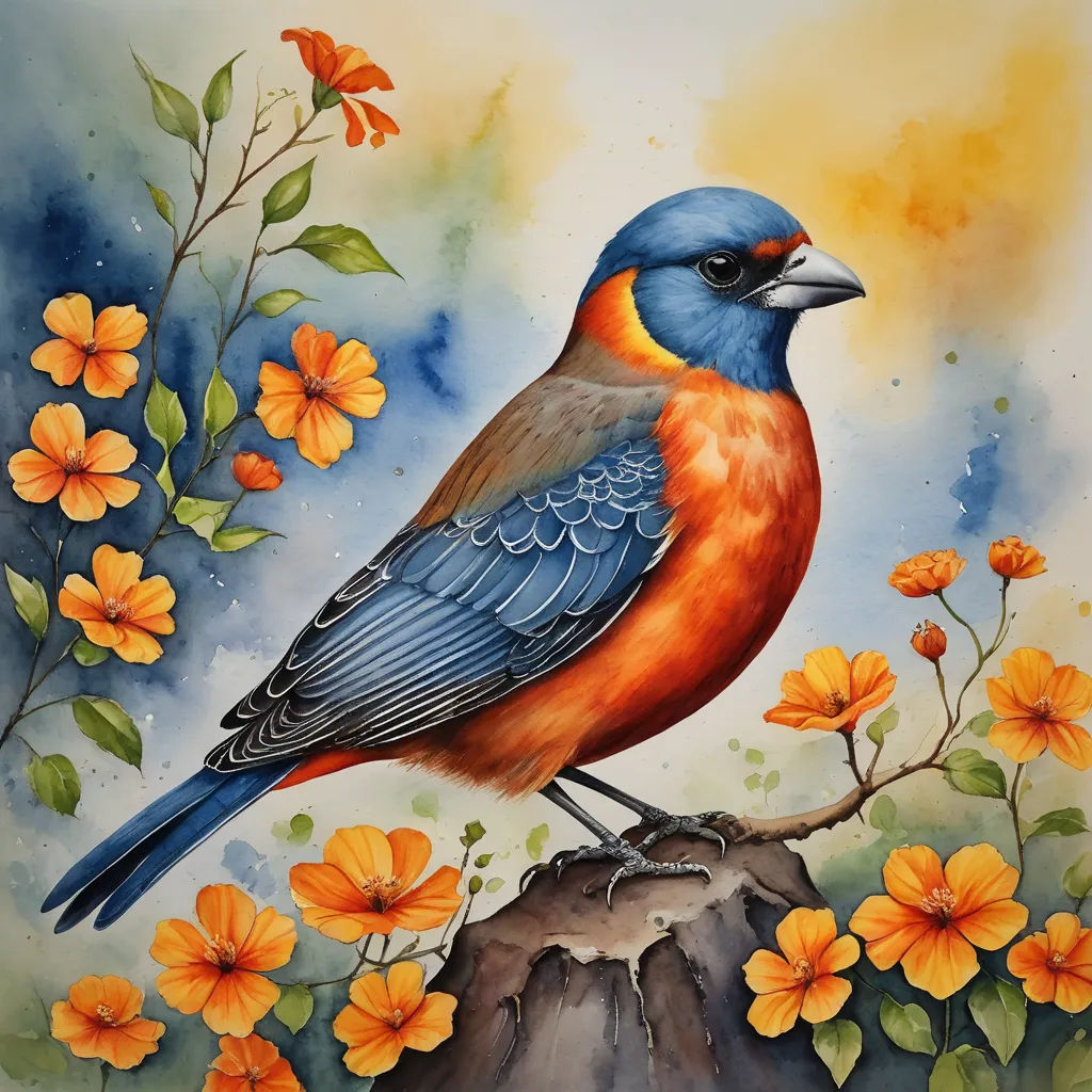 a painting of a bird sitting on a branch with flowers in the background and a sky background with clouds, cloisonnism, a watercolor painting, Carol Sutton, in gouache detailed paintings