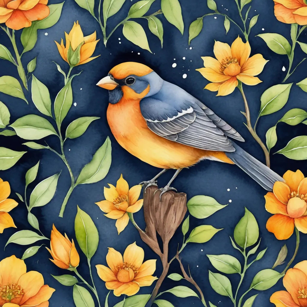a bird sitting on a branch with yellow flowers on it's side and a blue background with yellow flowers, cloisonnism, a detailed painting, Chris LaBrooy, in gouache detailed paintings