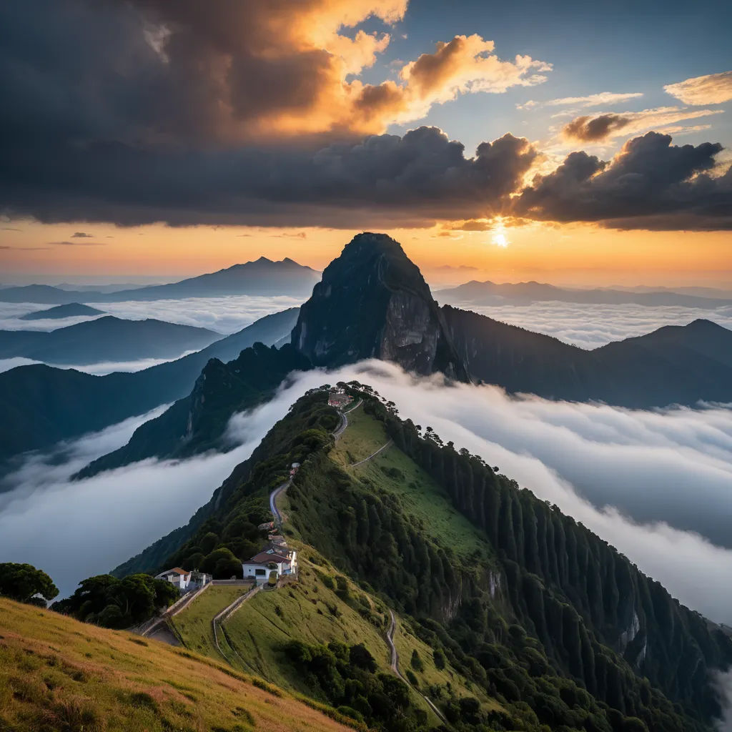 a mountain with a valley below it and a house on the top of it with a sunset in the background, art photography, a matte painting, Chris LaBrooy, beautiful landscape