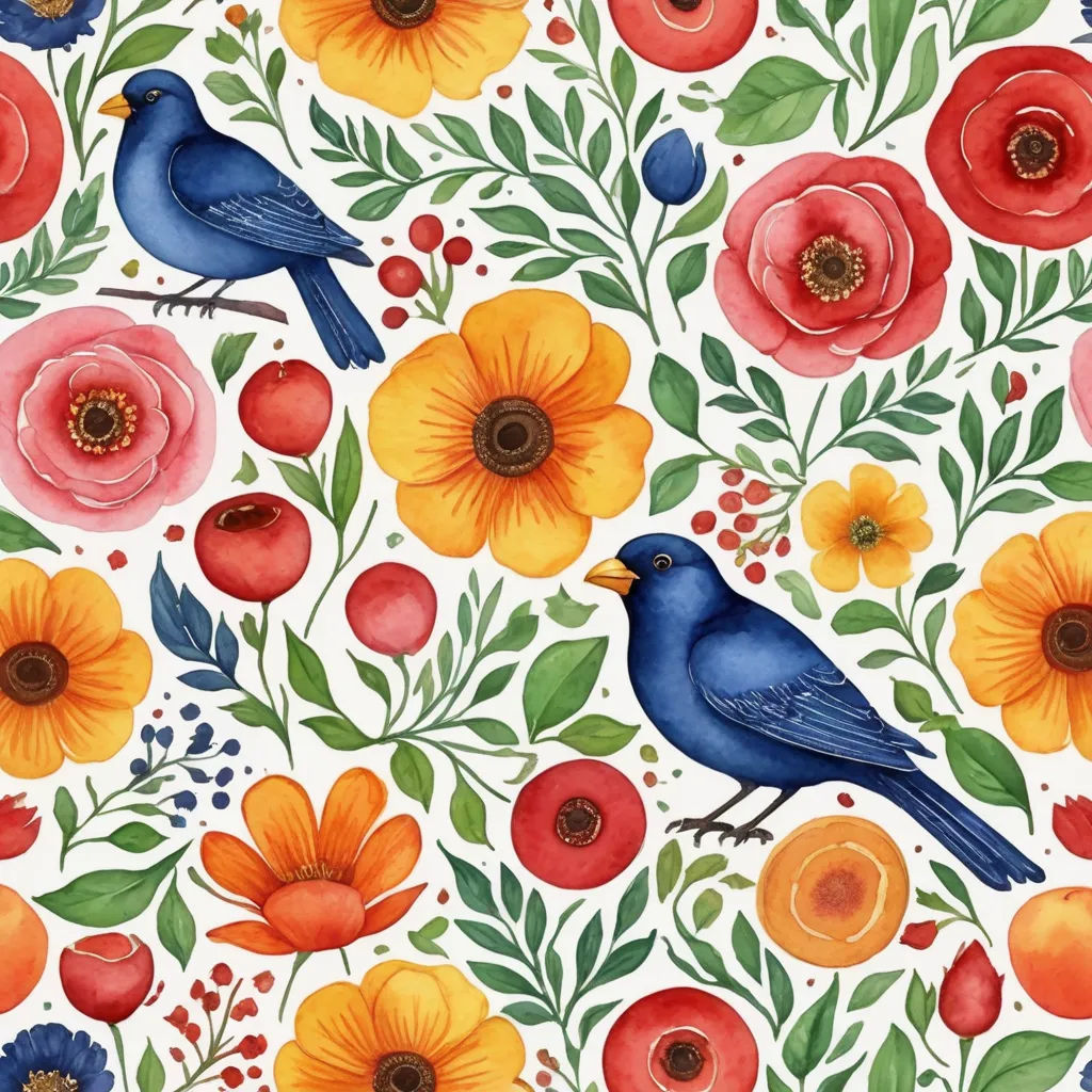 a painting of two birds sitting on a flowery branch with red, yellow, and blue flowers and leaves, folk art, a watercolor painting, Annabel Kidston, in gouache detailed paintings