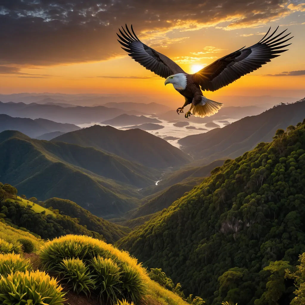 a bird flying over a lush green hillside covered in forest under a sunset sky with clouds and mountains in the background, art photography, a matte painting, David Martin, wildlife photography