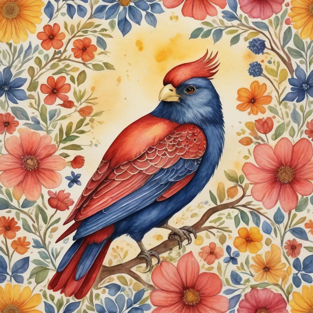 a painting of a bird on a branch with flowers in the background and a yellow sky in the background, folk art, a watercolor painting, Annabel Kidston, in gouache detailed paintings