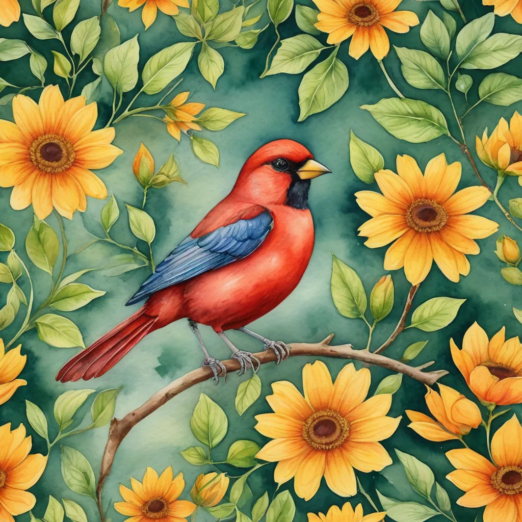 a painting of a red bird sitting on a branch with yellow flowers in the background and green leaves and flowers, folk art, an ultrafine detailed painting, Carol Sutton, in gouache detailed paintings