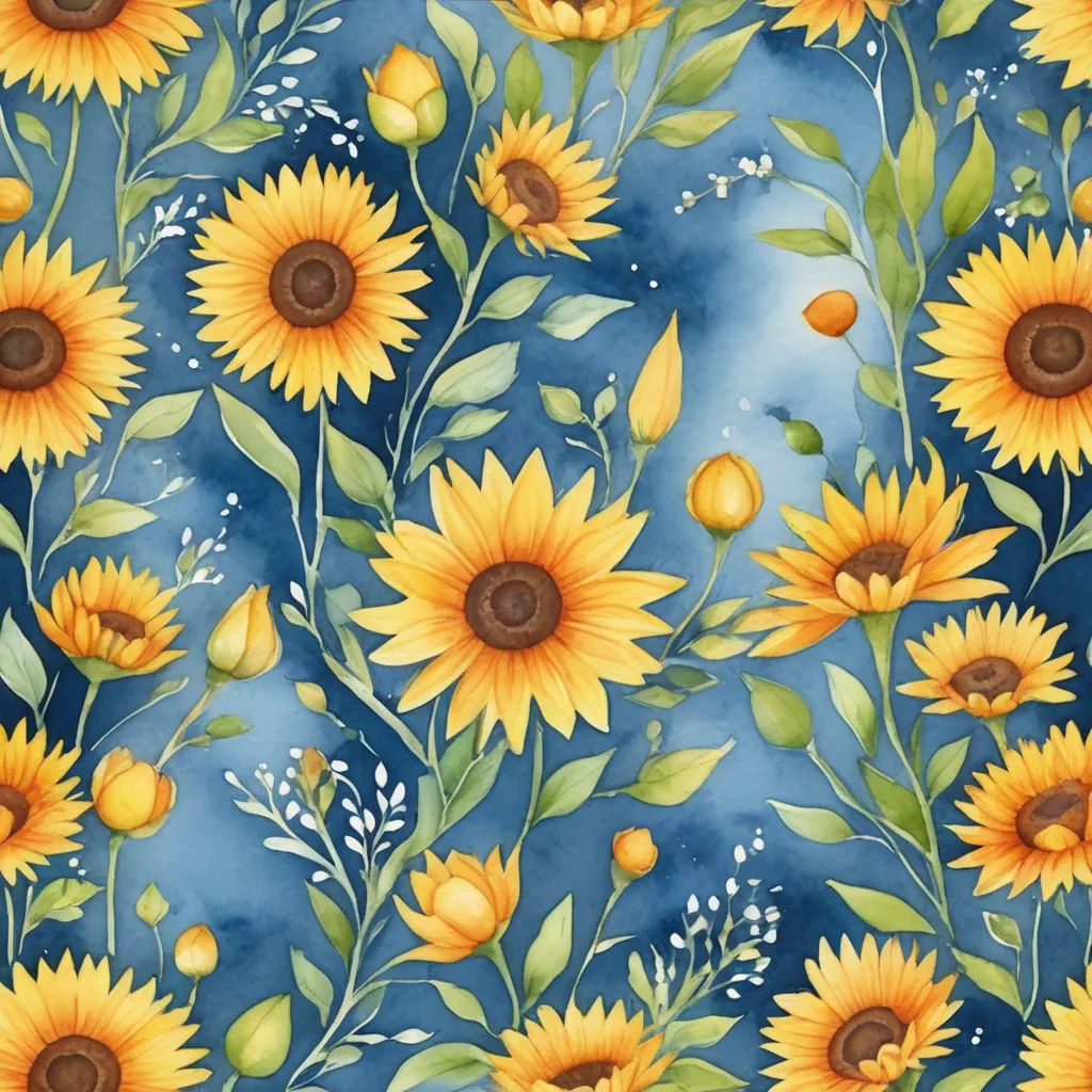 a painting of sunflowers and leaves on a blue background with watercolor paint on it's surface, folk art, a watercolor painting, Annabel Kidston, sun