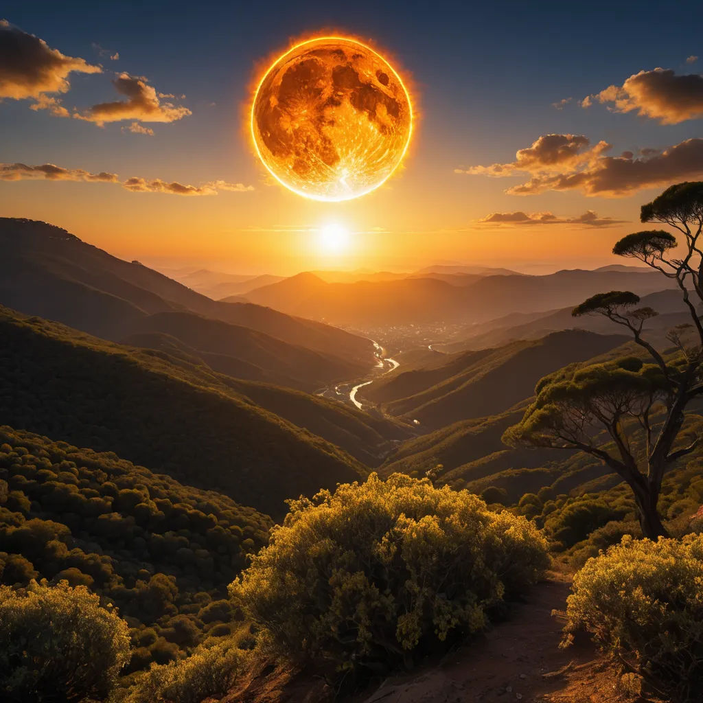 a sunset over a valley with a large sun in the sky and a river running through it, with a mountain range in the background, space art, a matte painting, David A. Hardy, sun
