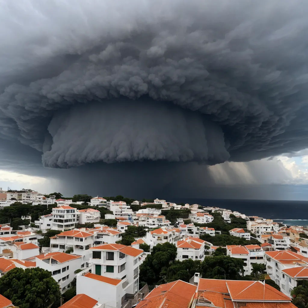 a large storm cloud is above a city with houses and trees in the foreground and a large body of water in the background, naturalism, a matte painting, Chris LaBrooy, thunderstorm
