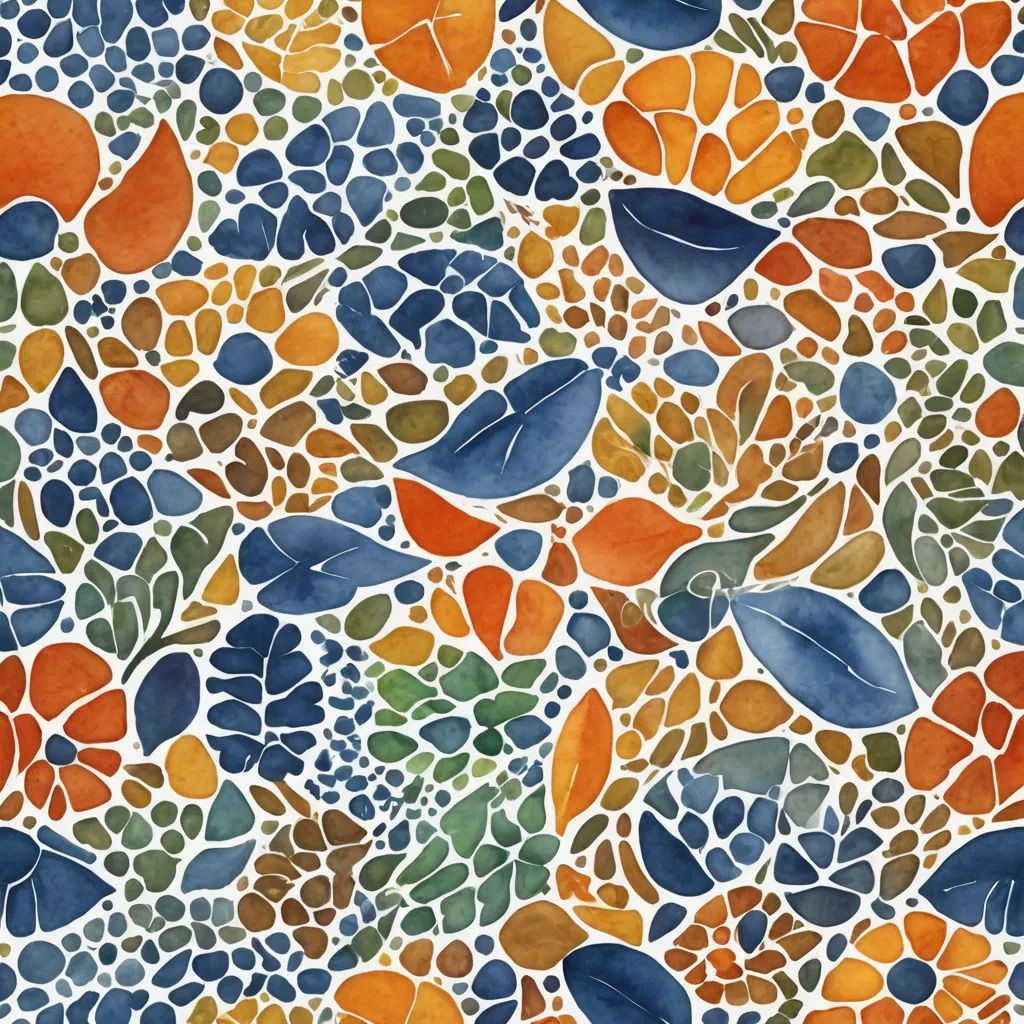 a painting of leaves and pebbles on a white background with blue, orange, and green colors in the center, generative art, a mosaic, Alison Kinnaird, fine foliage lace
