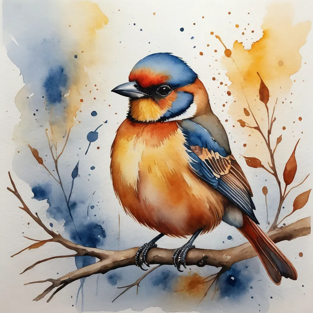 a bird sitting on a branch with watercolor paint on it's back side and a blue, orange, and yellow bird on its back side, modern european ink painting, a watercolor painting, Carol Sutton, birds