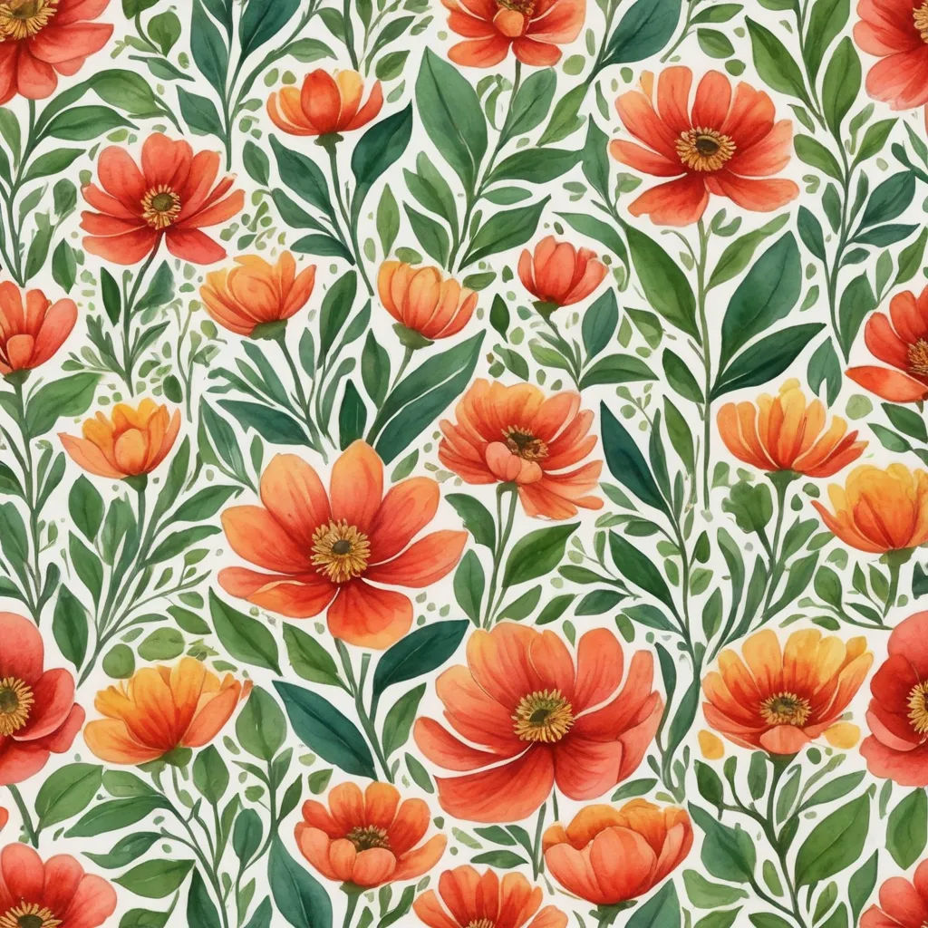 a floral pattern with orange flowers and green leaves on a white background photo of a flower pattern with orange flowers and green leaves on a white background, arts and crafts movement, a flemish Baroque, Annabel Kidston, in gouache detailed paintings