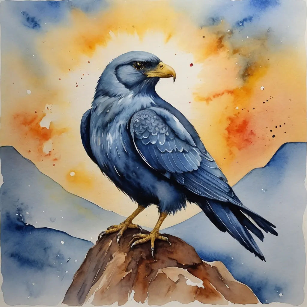 a painting of a bird sitting on a rock in the mountains with a sunset in the background and a yellow sky, modern european ink painting, an airbrush painting, Alison Kinnaird, watercolor