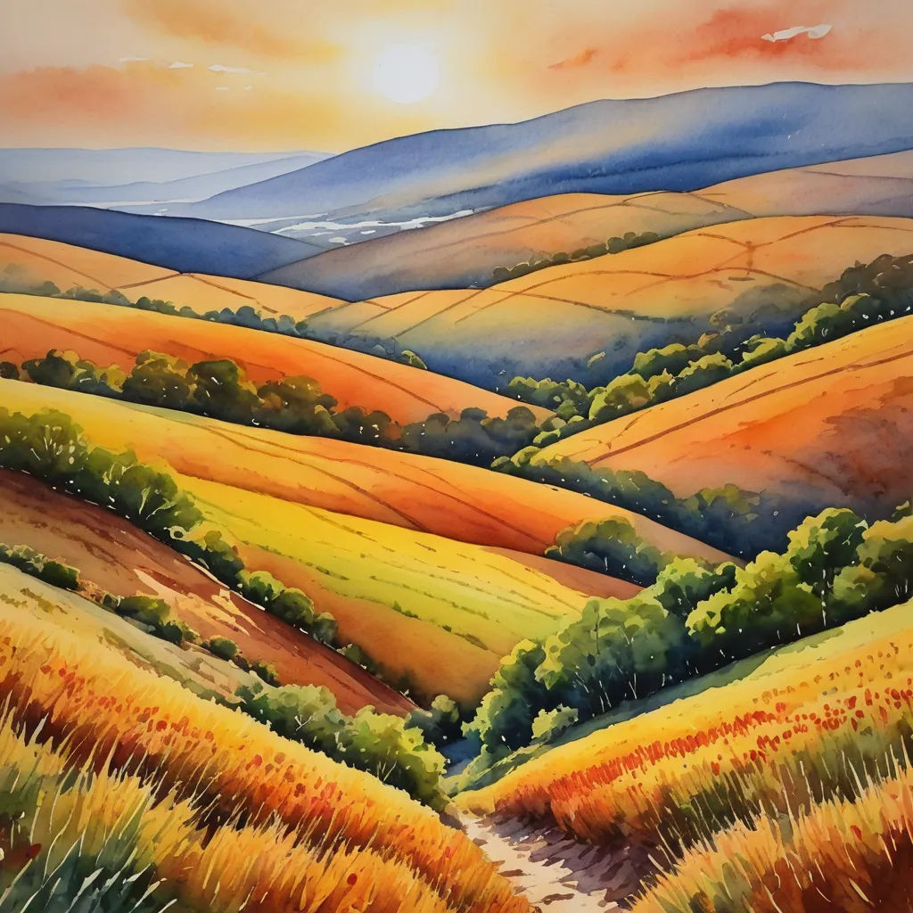 a painting of a hilly landscape with a stream running through it and a sunset in the background with clouds, american scene painting, a watercolor painting, Alison Kinnaird, landscape