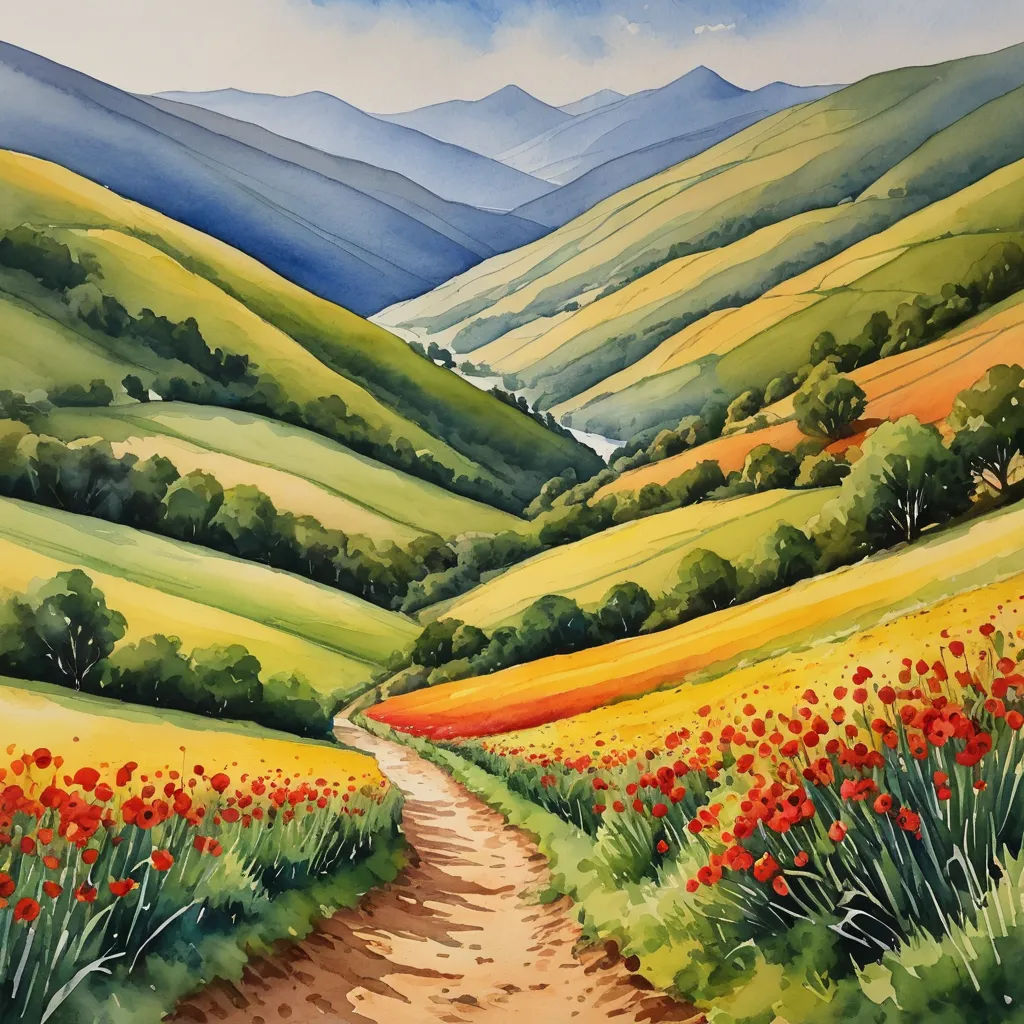 a painting of a dirt road in a field with flowers on it and mountains in the background with clouds, american scene painting, an airbrush painting, David Martin, beautiful landscape