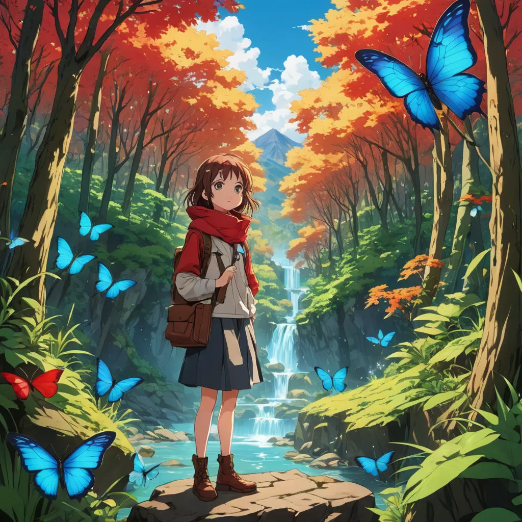 a girl standing in a forest looking at a waterfall with a blue butterfly flying overhead in the background,, magic realism, poster art, Ai-Mitsu, anime key visual