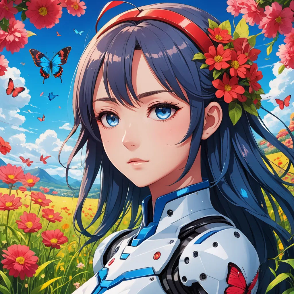 a girl with long hair and blue eyes standing in a field of flowers with butterflies flying overhead and a butterfly in her hair, sots art, a character portrait, Ai-Mitsu, rossdraws global illumination