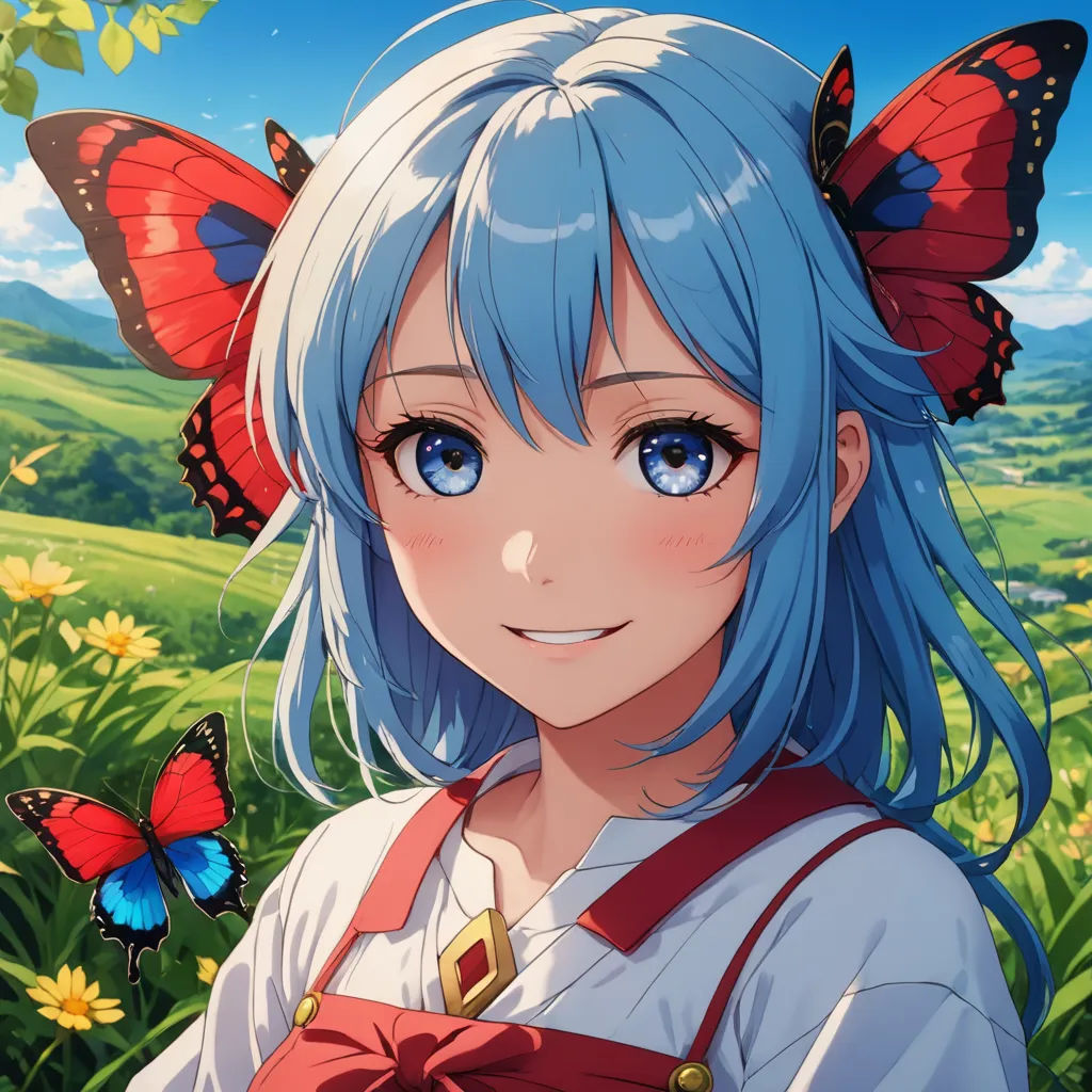a girl with blue hair and butterfly wings on her head, standing in a field of flowers and grass, rayonism, a character portrait, Aya Goda, official art