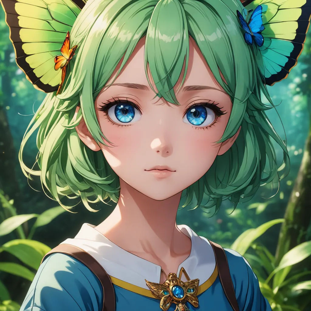 a girl with green hair and blue eyes wearing a butterfly headpiece and a blue dress with a butterfly on her head, cloisonnism, a character portrait, Fan Qi, rossdraws global illumination