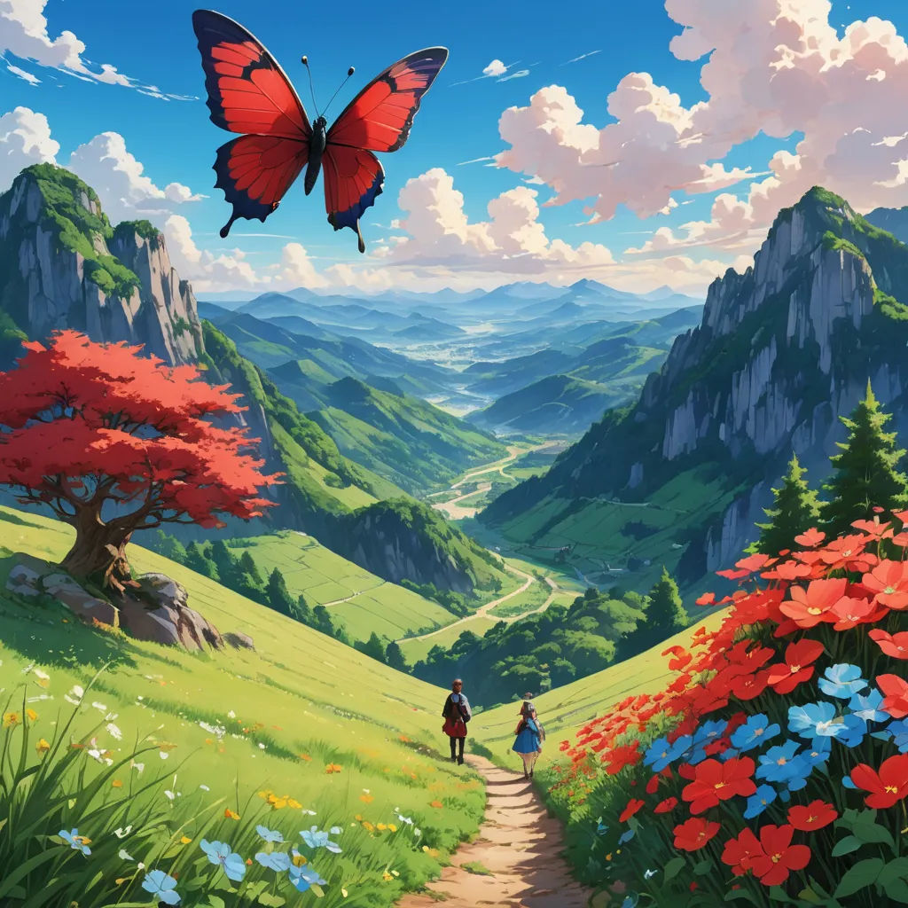 a painting of a person walking down a path with a butterfly flying over them over a valley with flowers, fantasy art, a matte painting, Dan Mumford, ghibli