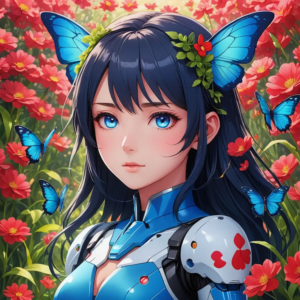 a woman with blue hair and butterfly wings standing in a field of flowers with butterflies around her head and a butterfly on her shoulder, computer art, a character portrait, Artgerm, trending on art station
