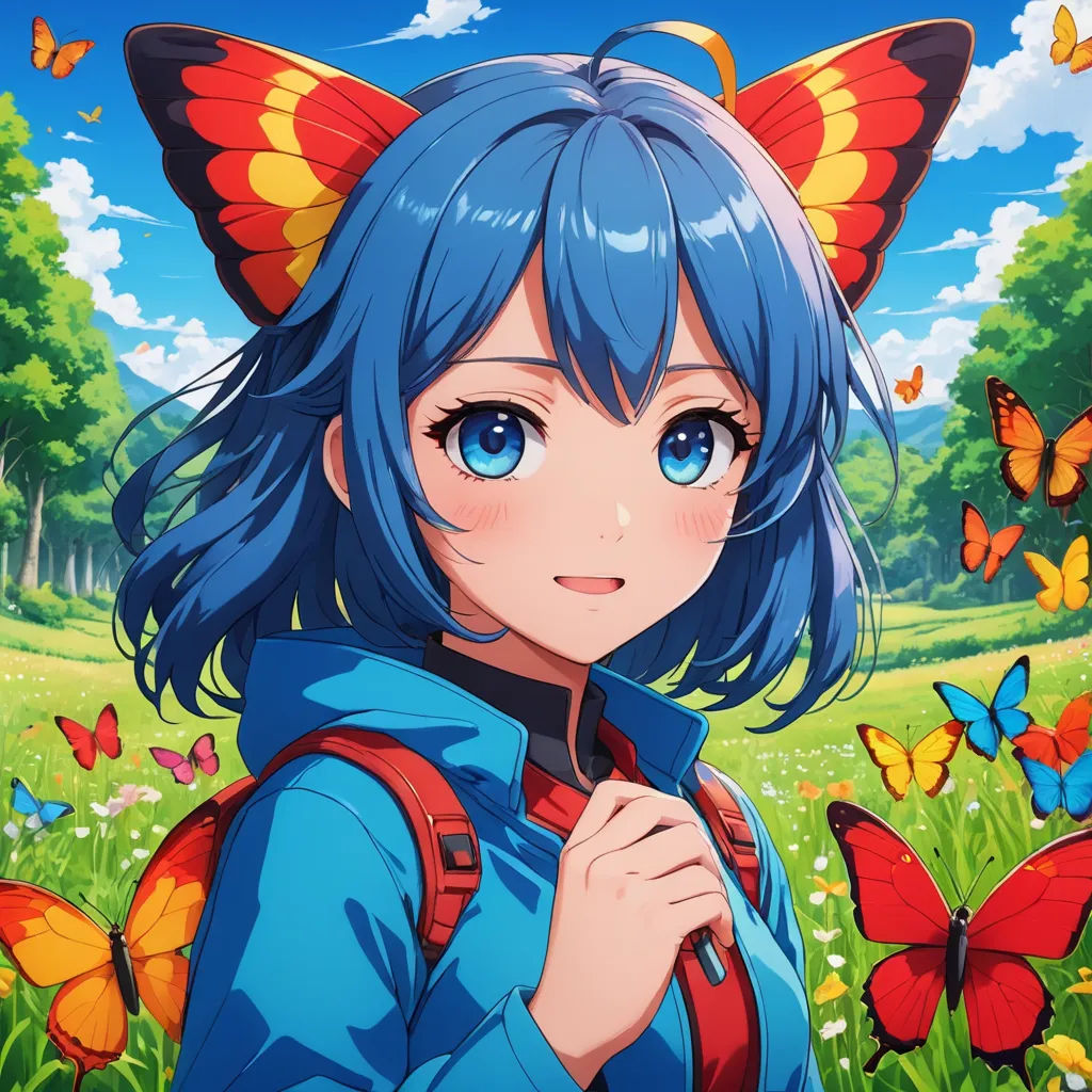 a girl with blue hair and butterfly ears standing in a field of butterflies with butterflies around her head and a blue jacket on, rayonism, a character portrait, Ai-Mitsu, official art