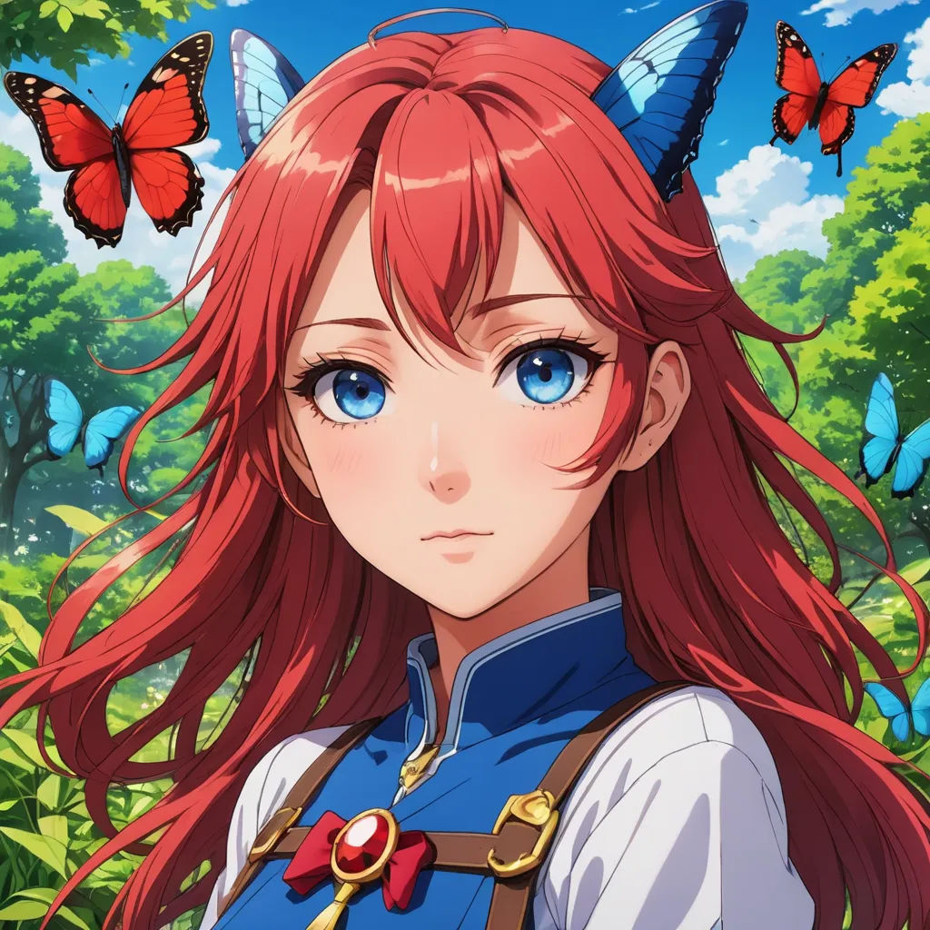 a girl with red hair and blue eyes standing in front of butterflies and butterflies on her head, with a butterfly in her hair, pre-raphaelitism, a character portrait, Anne Said, official art