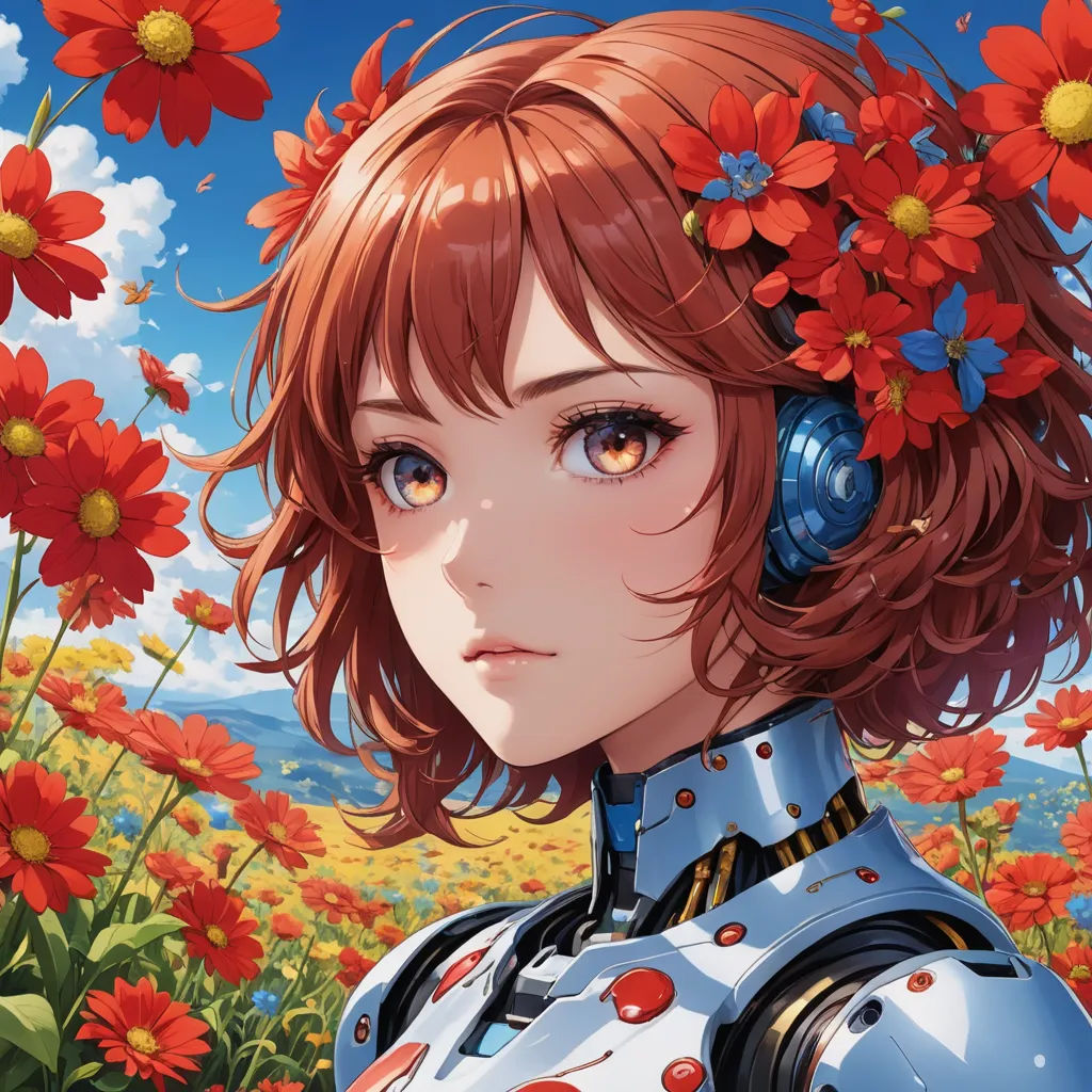 a girl with a flower in her hair and a blue suit with red flowers in her hair and a field of red flowers, computer art, cyberpunk art, Ai-Mitsu, trending on art station