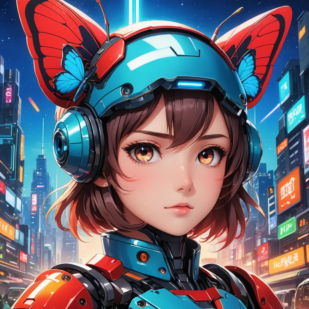 a girl in a futuristic city with a blue helmet and red ears and a blue butterfly on her head, retrofuturism, cyberpunk art, Artgerm, mecha