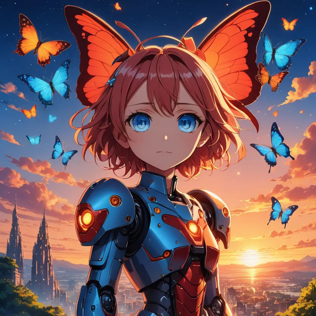 a girl in a futuristic suit with butterflies on her head and a city in the background with a sunset, sots art, an album cover, Ai-Mitsu, official art