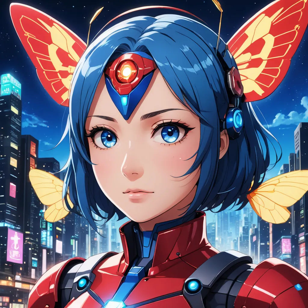 a woman in a red suit with blue hair and a red helmet with a light on her head and a city in the background, retrofuturism, cyberpunk art, Artgerm, mecha