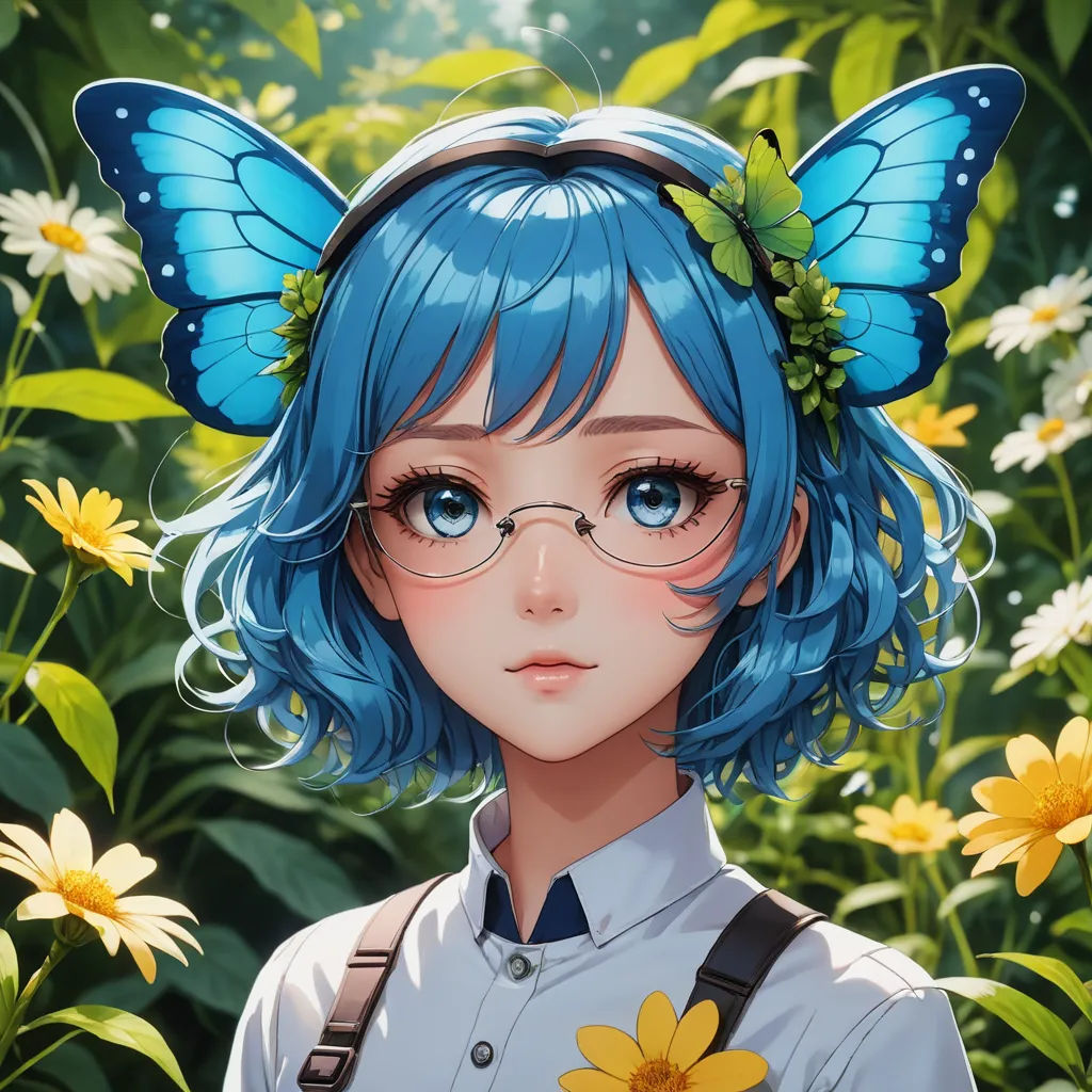 a girl with blue hair and butterfly wings on her head and a flower in her hair, standing in front of a field of daisies, fantasy art, a detailed painting, Artgerm, anime art